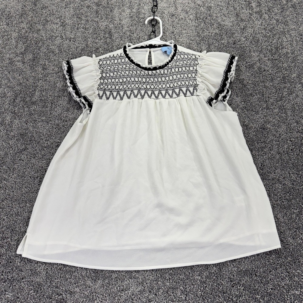 CeCe Blouse Womens Large White Embroidered Flutter Sleeve Tunic Casual Top